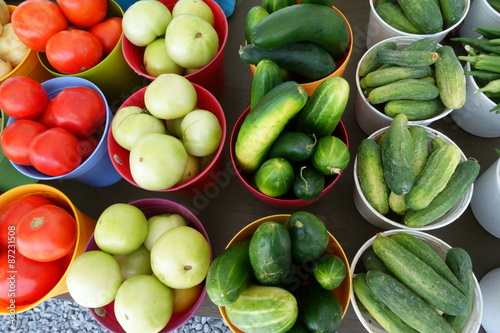 Fototapeta Naklejka Na Ścianę i Meble -  Farmers Market produce: tomatoes, cucumber, zucchini
