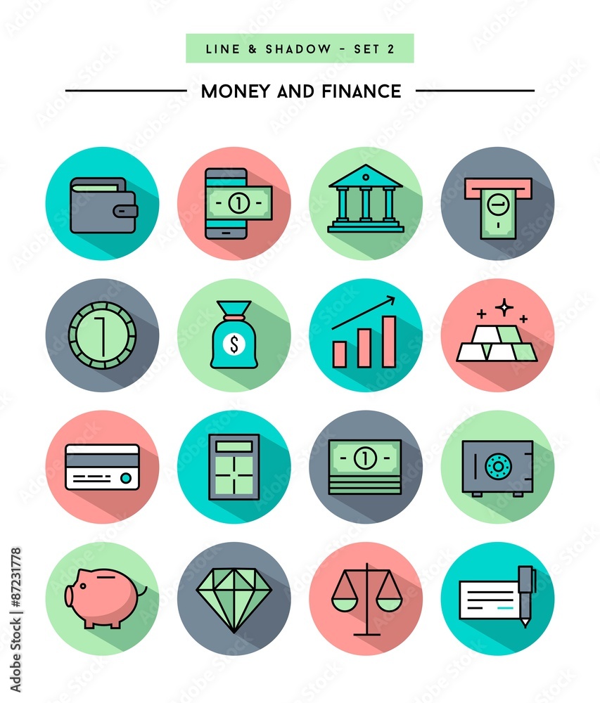 set of flat design,long shadow, thin line money and finance icons