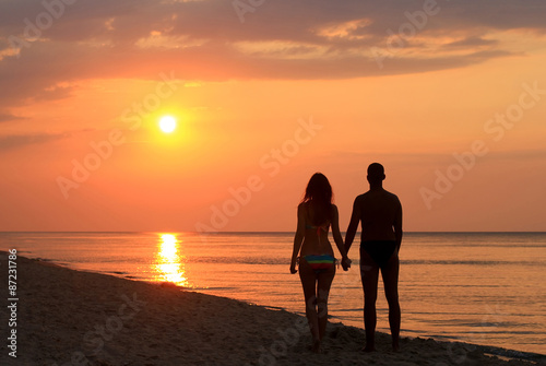 couple silhouette holding hands on the beach at sunrise © Elena Zarubina