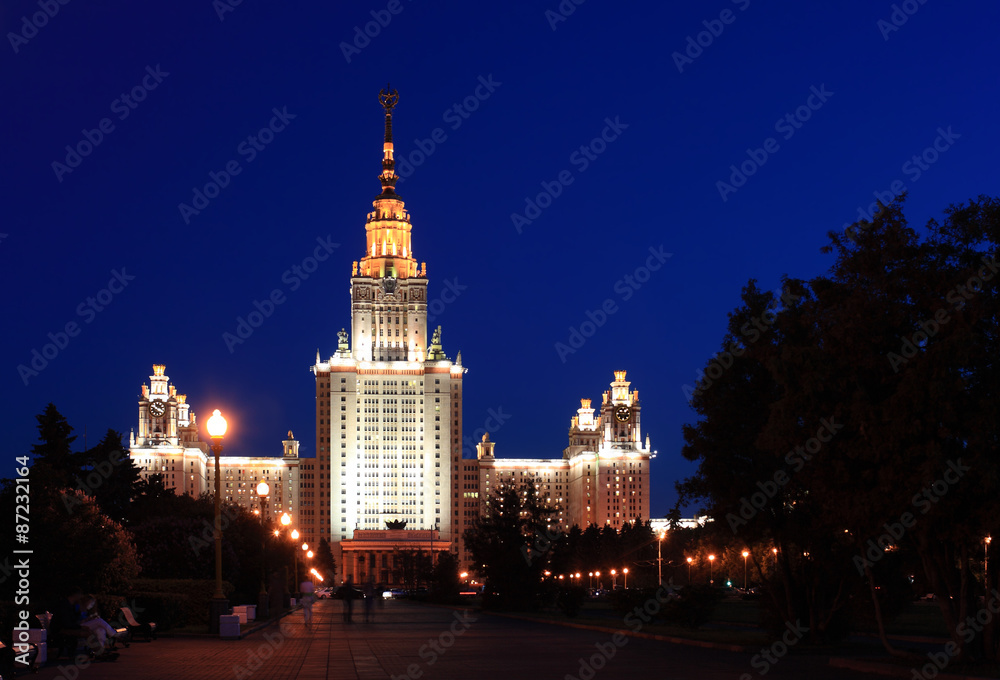 Moscow State University named after Lomonosov at night, main building, Russia