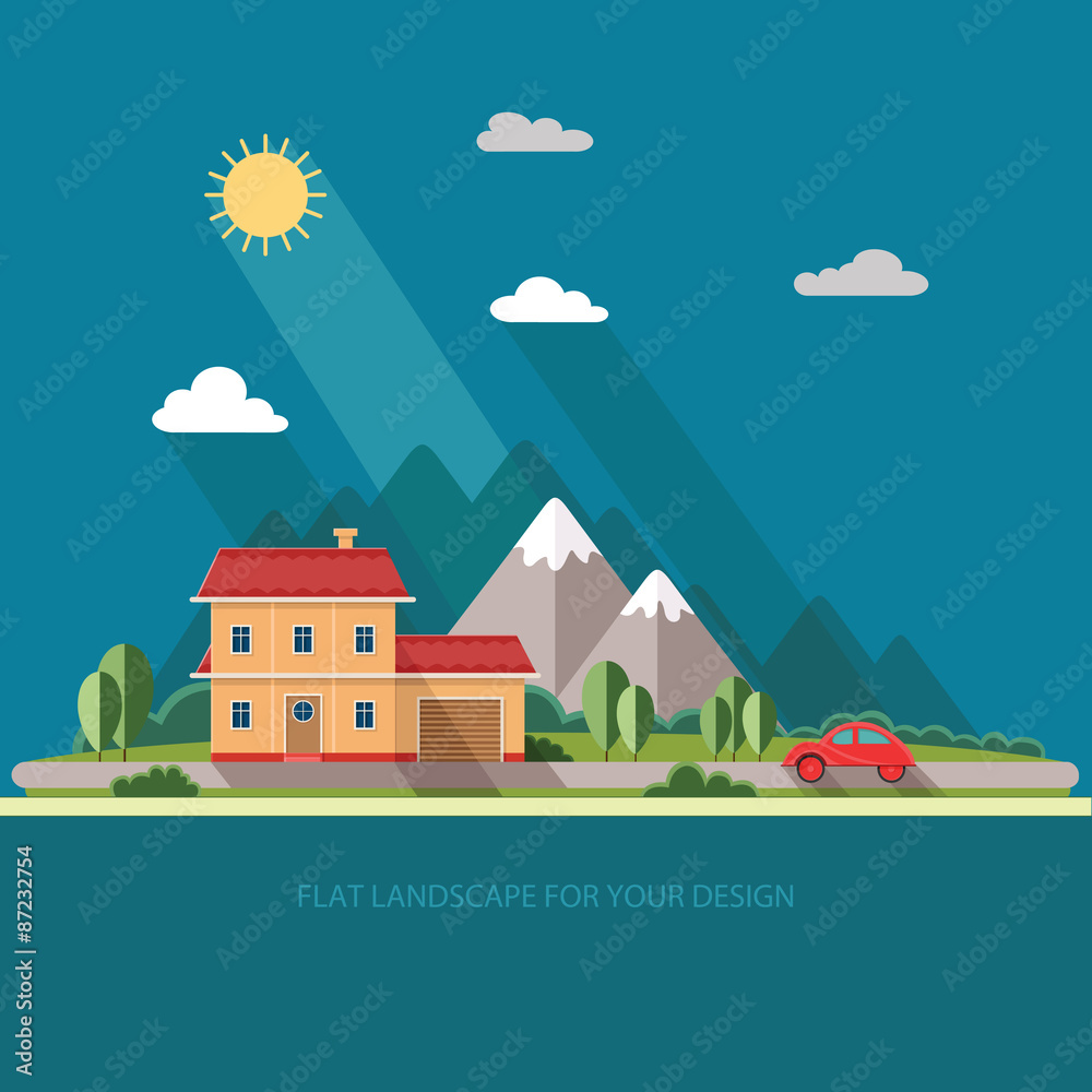 Summer landscape. Red car, Vacation home on a background of moun