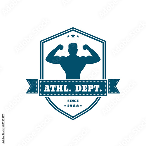 vintage emblem with posing athlete on shield, vector illustration, eps10