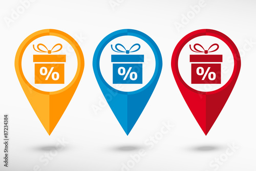 Gift discount box map pointer. Flat design style 