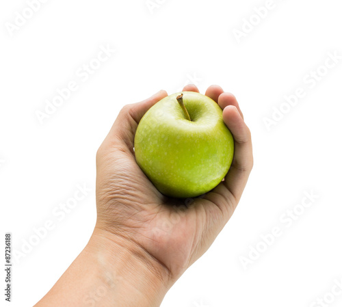green apple in hand on isolated background