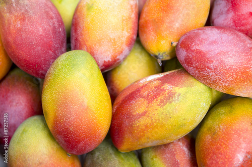 Fresh colorful tropical mangoes on display at outdoor farmers market in Rio de Janeiro Brazil 