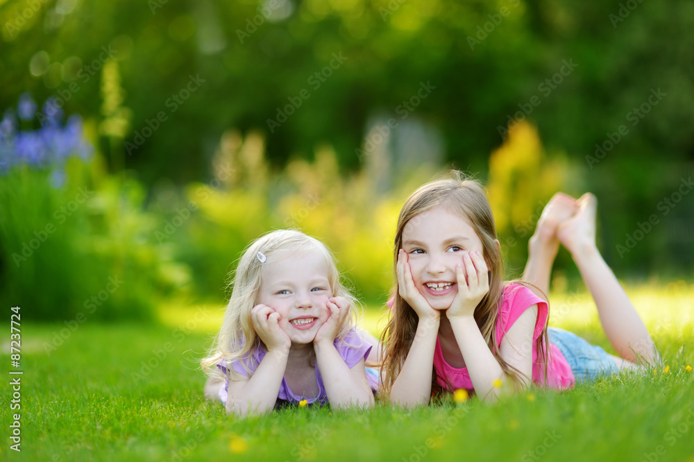 Two cute little sisters having fun on the grass Two cute little sisters having fun on the grass
