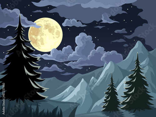 Night landscape with trees, mountains and full moon. Vector.