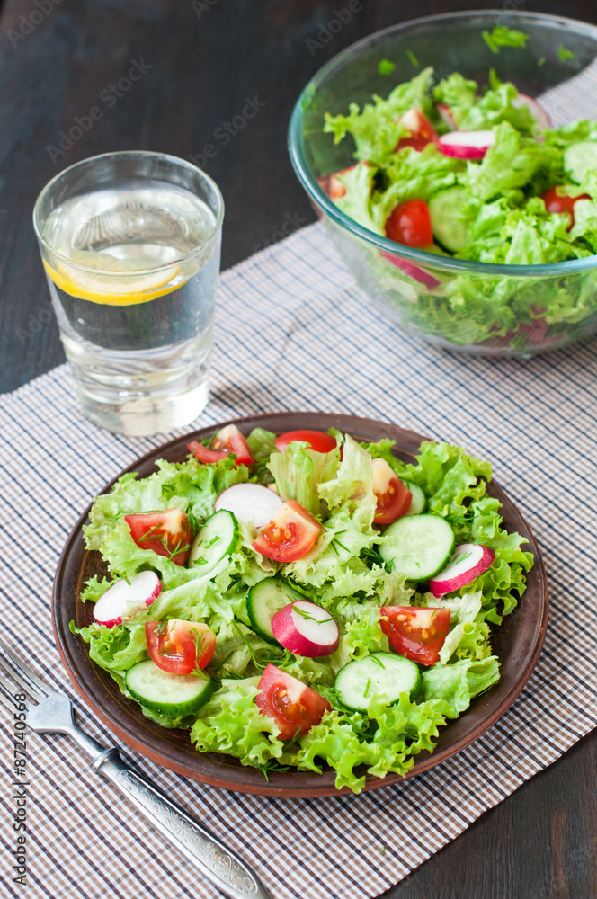 Tomato and cucumber salad with lettuce leafes Tomato and cucumber salad with lettuce leafes