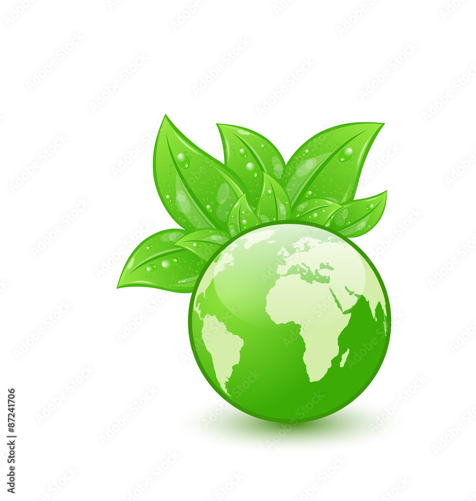 Global planet and eco green leaves isolated on white background