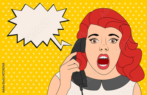 Surprised woman talking on telephone. Vintage art.
