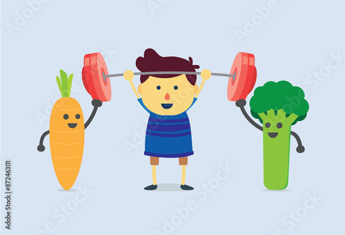Carrot and Broccoli help kid to weight lifting. healthy and kid concept