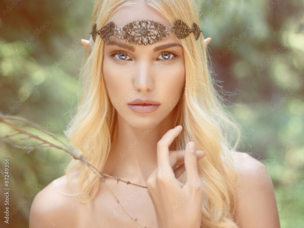 fantasy young woman in woods - obrazy, fototapety, plakaty 