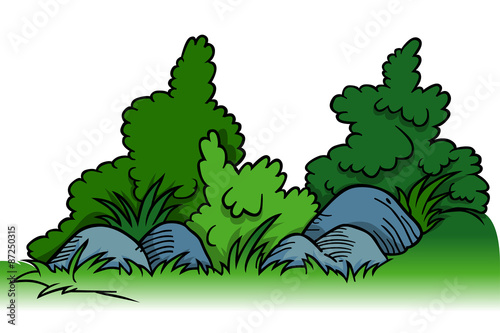 Shrubs with Rocks - Cartoon Background Element, Vector Illustration