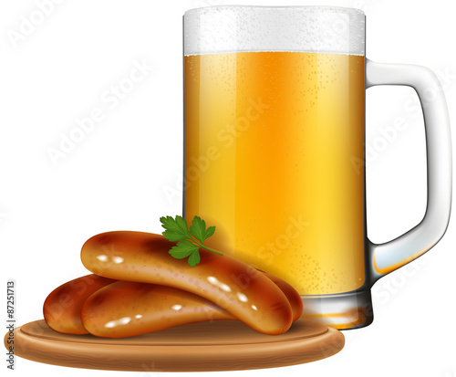 Beer mug with Oktoberfest style sausages on a wooden plate.