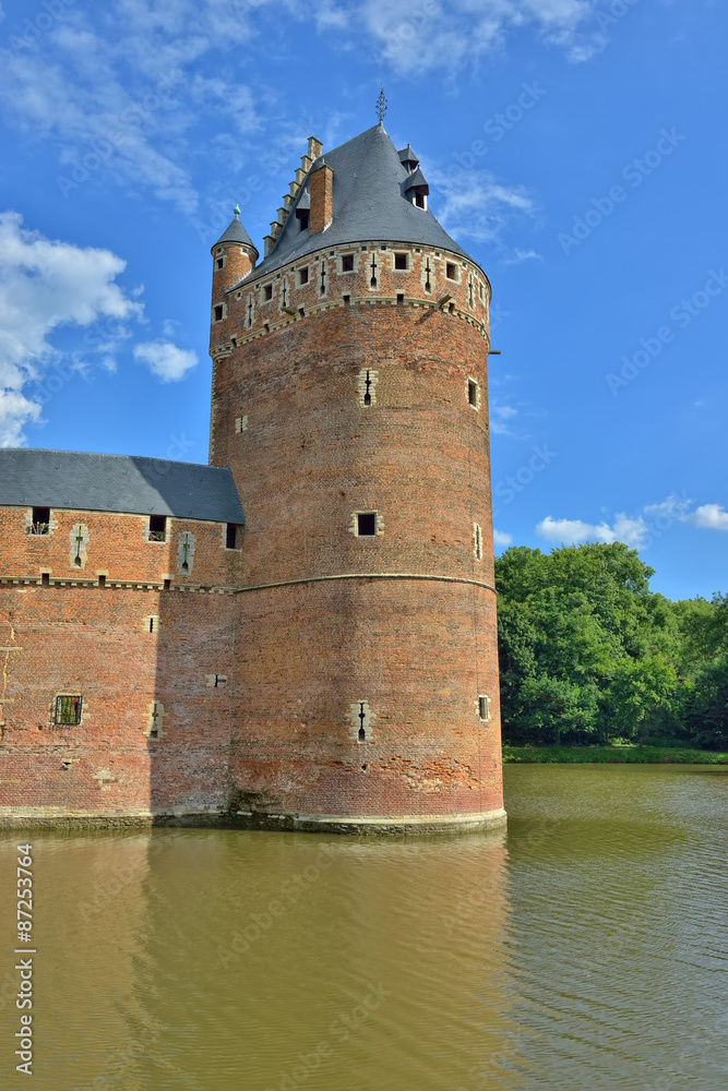 Watch tower of Beersel Castle in Belgium reflecting in pond