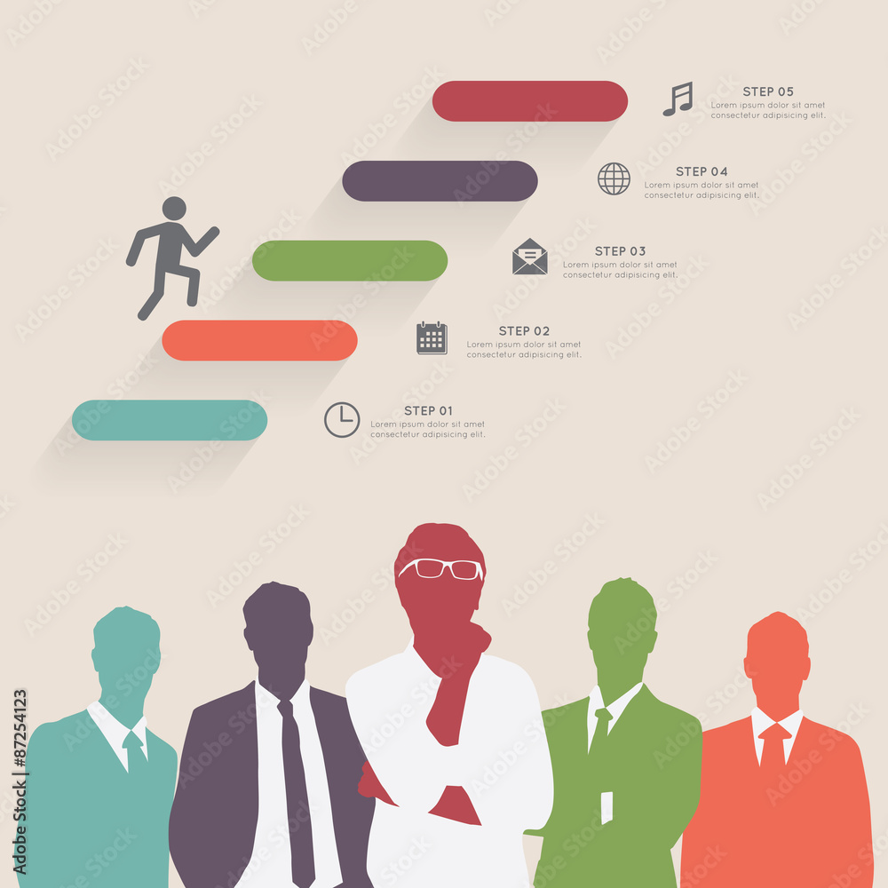 Colorful silhouette businessman with step icons Colorful silhouette businessman with step icons