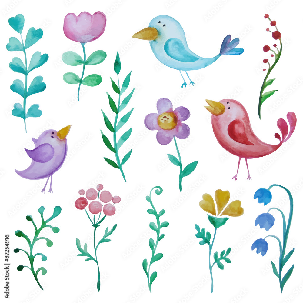 Beautiful hand drawn decorative floral elements and birds for de