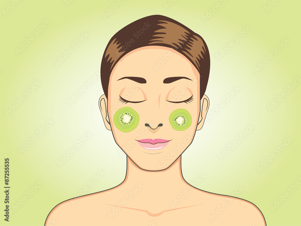 Women facial mask with kiwi then sleeping for beauty face skin treatment of women Women facial mask with kiwi then sleeping for beauty face skin treatment of women