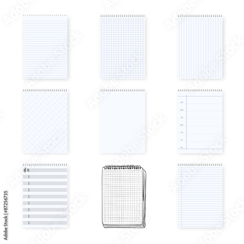 Vector Notebook Notepad Set. Include realistic  hand drawn  musi