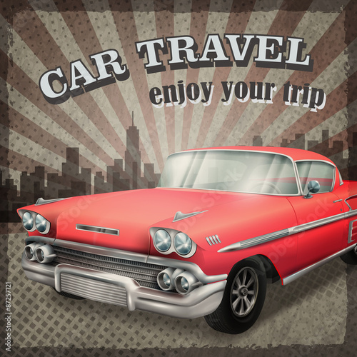 veteran classic red car with retro background