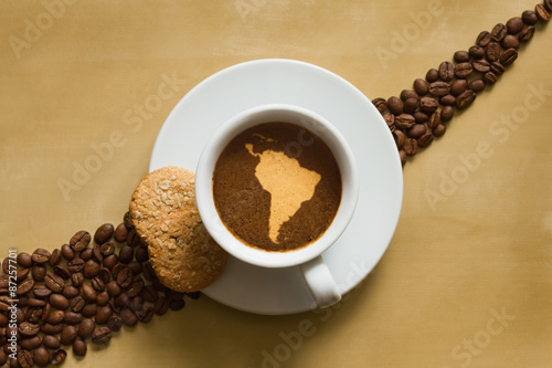 Still life - coffee with map of South America continent