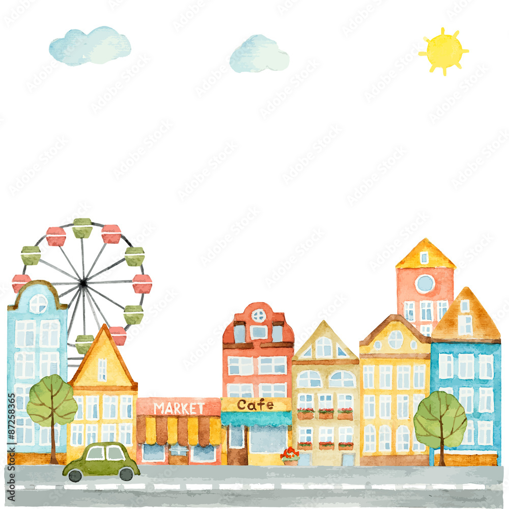 Watercolor elements of urban design, houses, cars. Watercolor elements of urban design, houses, cars.