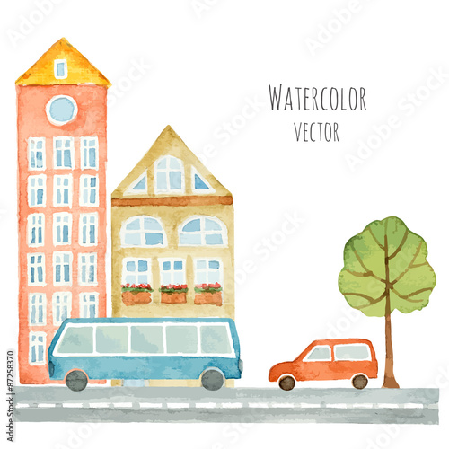 Watercolor elements of urban design, houses, cars. © ElenaMedvedeva