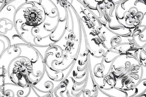 Old grey ornate fence isolated on white