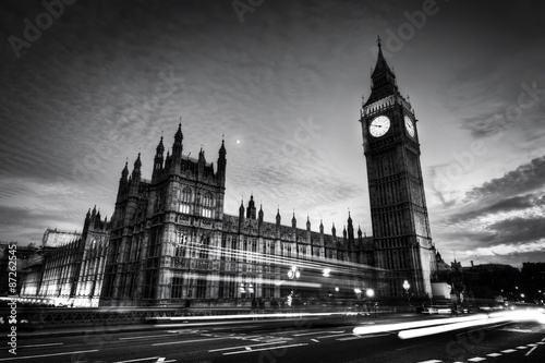 Red bus, Big Ben and Westminster Palace in London, the UK. at night. Black and white #87262545