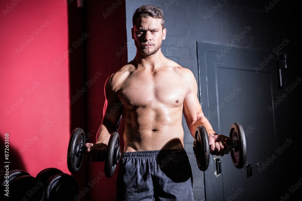 Portrait of muscular man lifting dumbbells