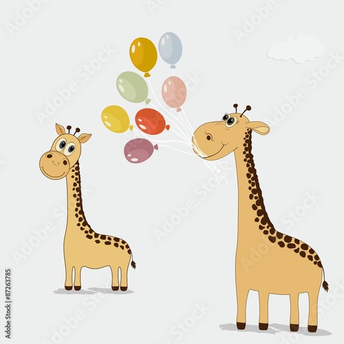 Cute cartoon giraffes with colorful balloons