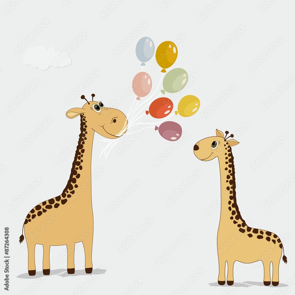 Naklejka premium Cute cartoon giraffes with colorful balloons