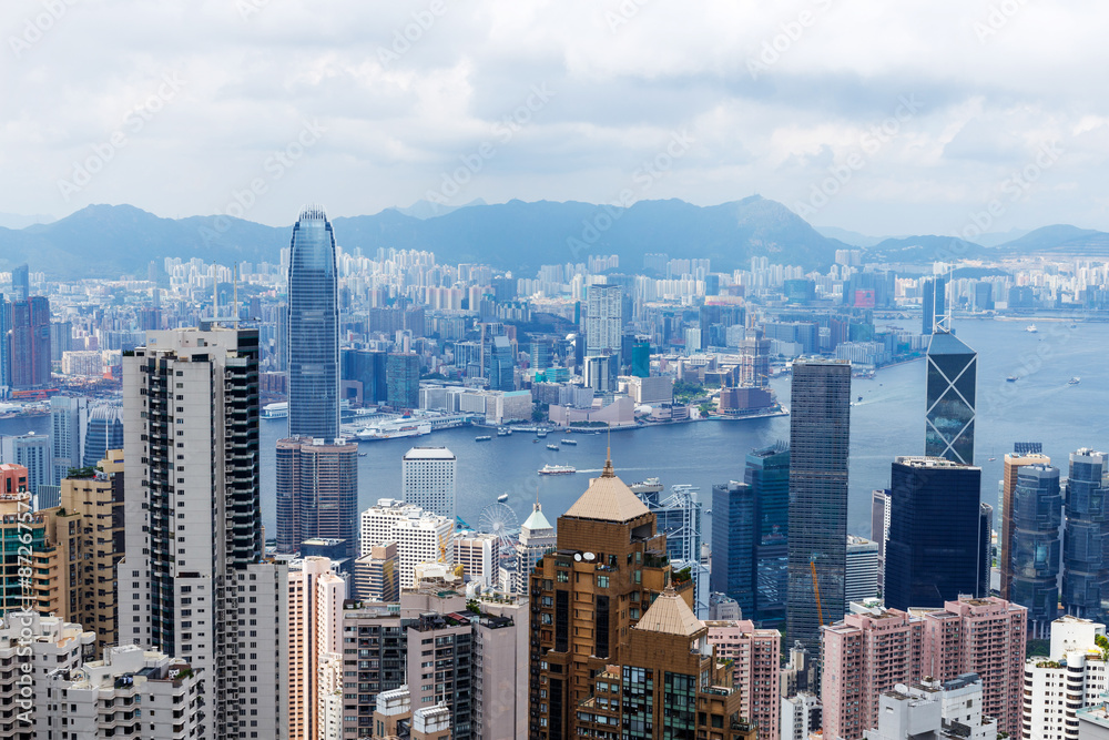 high angle view of skyline and cityscape of hong kong