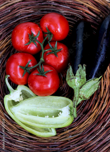 Fresh vegetables (tomatoes, eggplant, peppers)