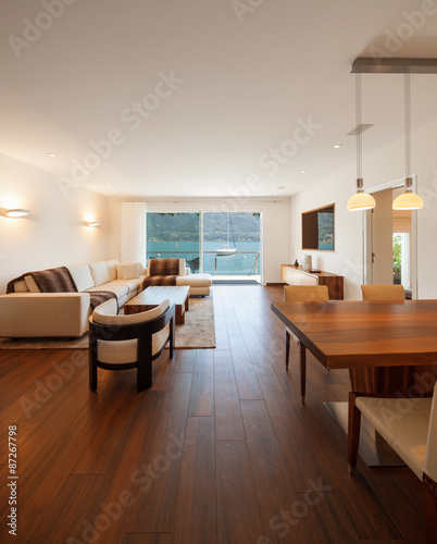 Interior architecture, modern living room with lake view