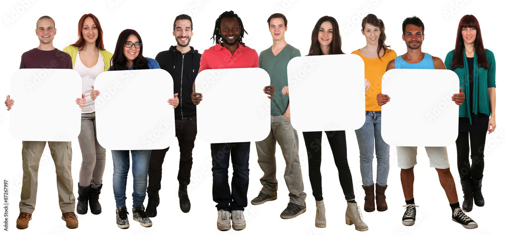 Obraz premium Gruppe junge Leute People halten Textfreiraum für fünf Buchsta