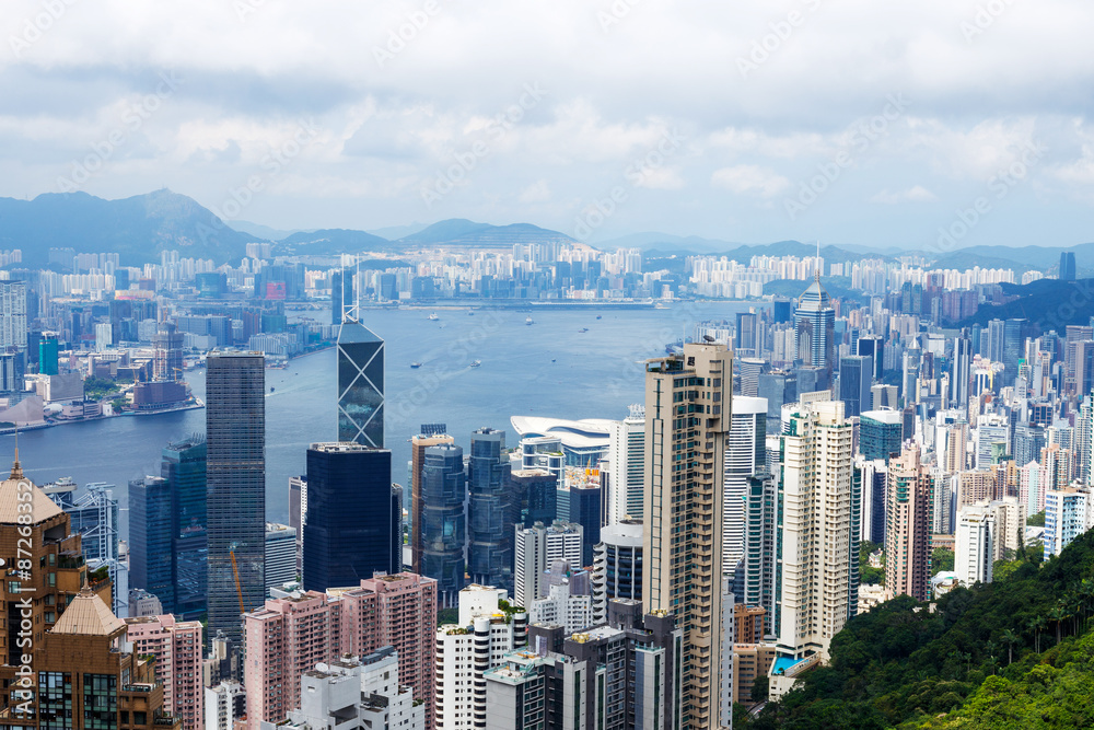 high angle view of skyline and cityscape of hong kong