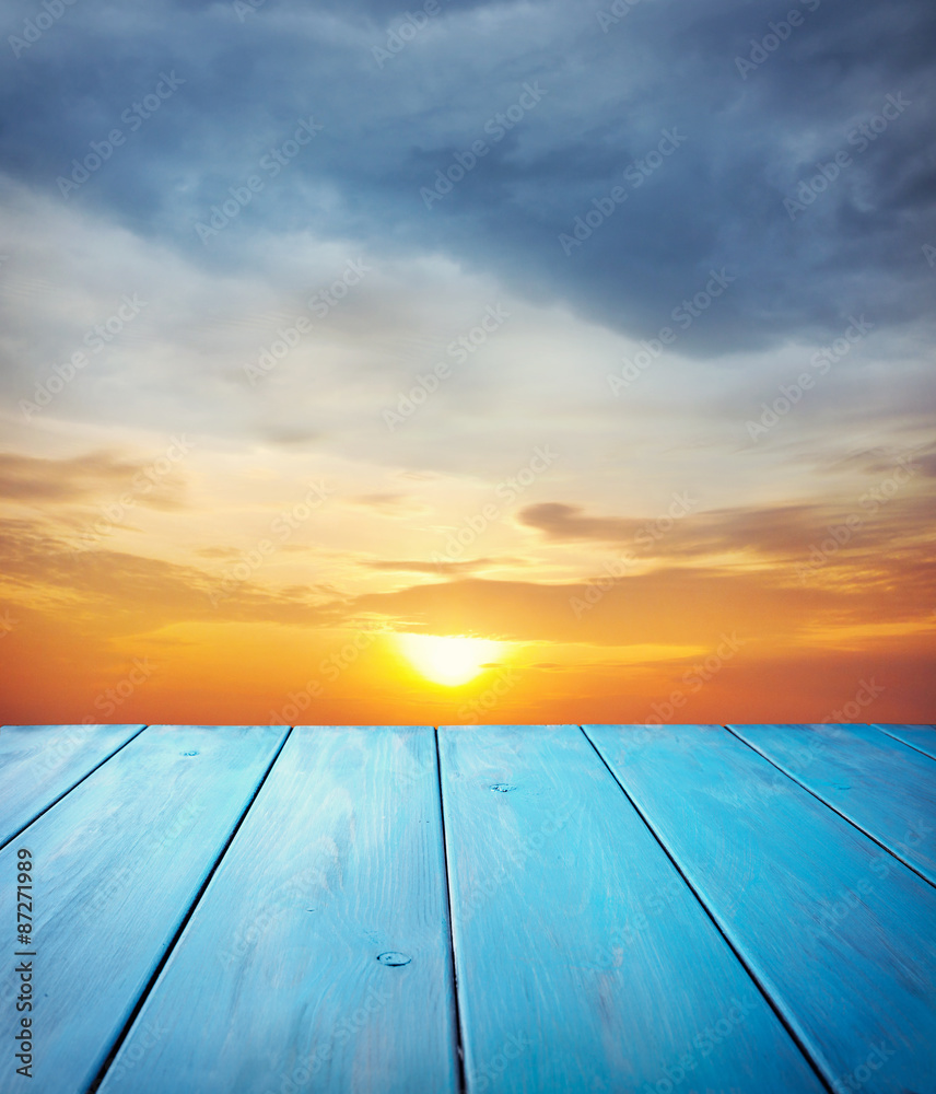 Wooden table and sky background