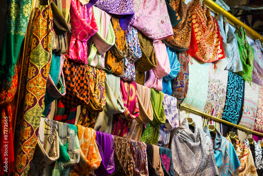 Fototapeta premium Show-window with multi-colored fabrics on the Grand Bazar in Istanbul