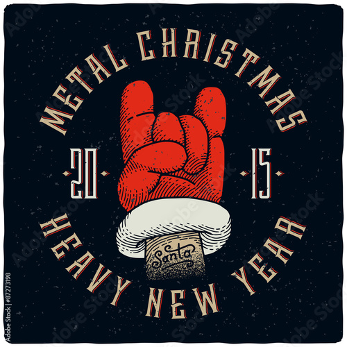 Metal christmas and heavy new year. T-shirt print with Santa claus hand rock horn gesture.