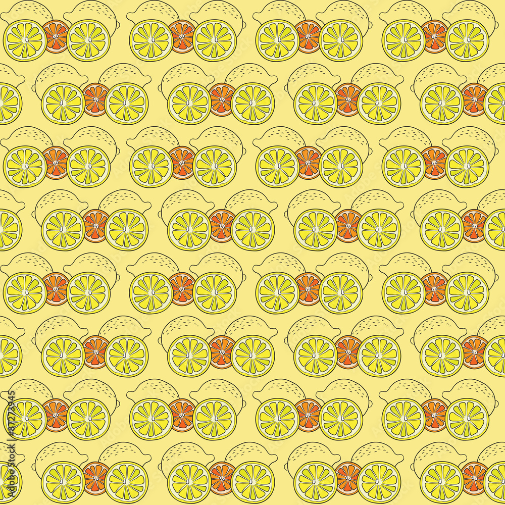 Seamless pattern with lemons and lemon slices
