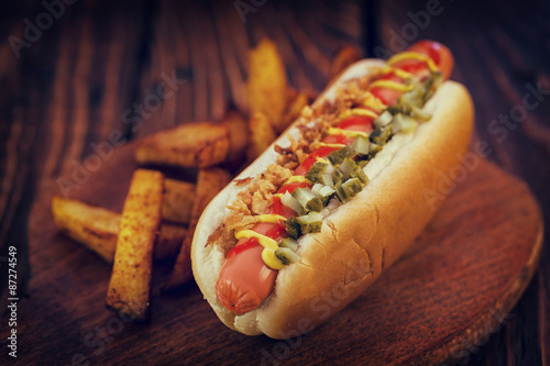 Fotografie, Obraz Hot Dog with Potato Wedges