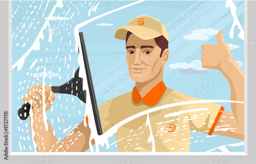 Man cleaning window. Vector flat illustration 