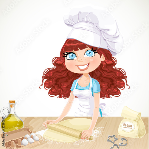 Cute curly hair girl baking cookies isolated on white background