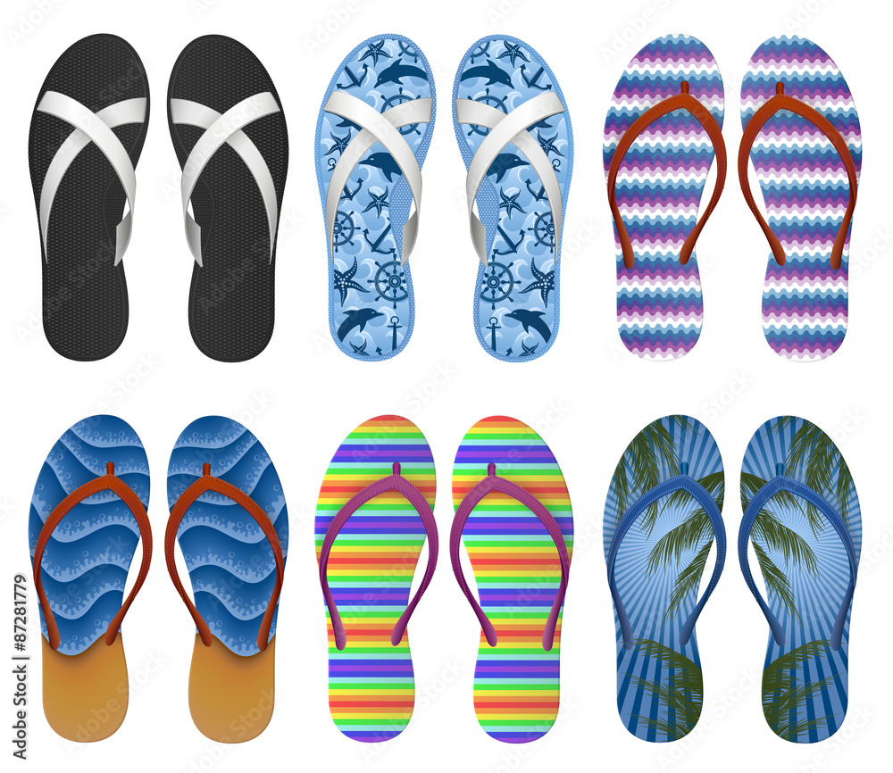Set of colourful, decorated flip flops, EPS 10 contains transparency. Set of colourful, decorated flip flops, EPS 10 contains transparency.