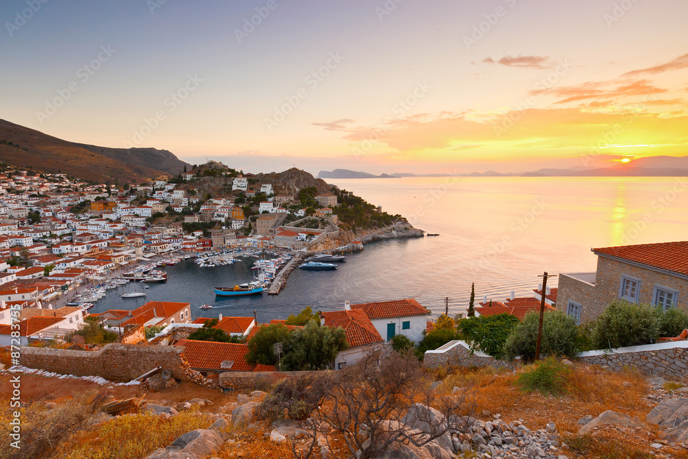 Fototapeta premium View of the port of Hydra at the sunset .
