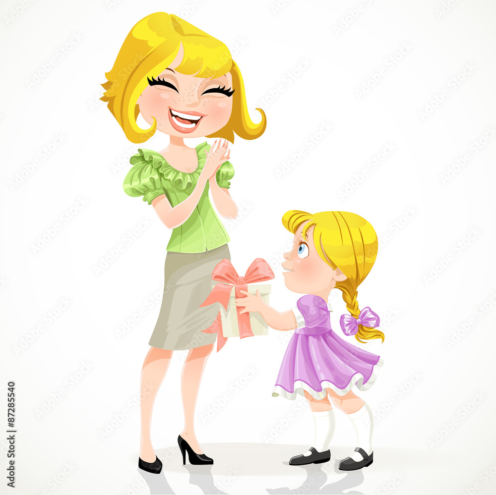 Little daughter gives mom a gift for Mother's Day Little daughter gives mom a gift for Mother's Day