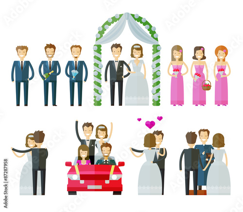 wedding icons set.  marriage, nuptial, wed or bride and groom