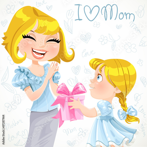 Daughter gives mom a gift for Mother's Day  on doodle background