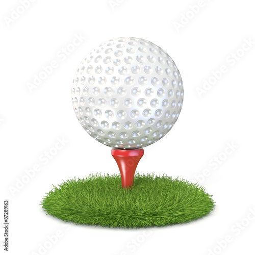 Golf ball on red tee in grass. 3D render illustration, isolated on white background